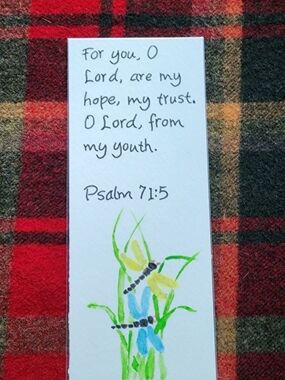 Hand-Painted Dragonfly Bookmark with Psalm 71:5 - Blue, Yellow, Green